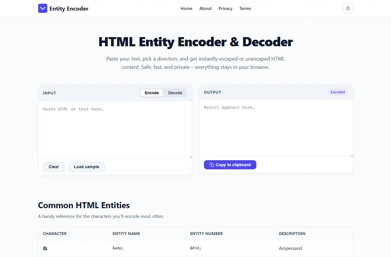Screenshot of Entity Encoder – HTML Entity Encoder / Decoder interface showing the project page in use